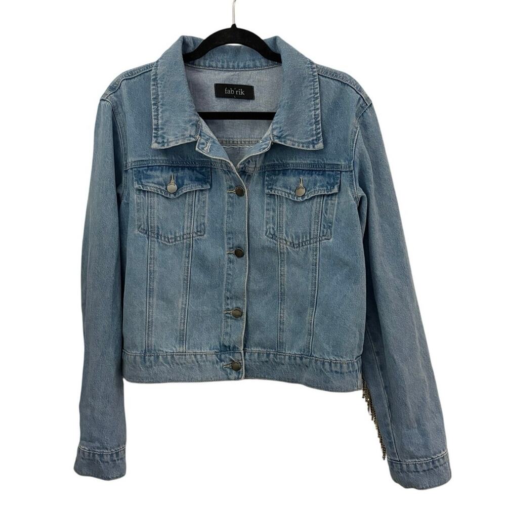Fab’rik Denim Jean Jacket L Rhinestone Fringe Western Country Festival Sparkly - Picture 3 of 11